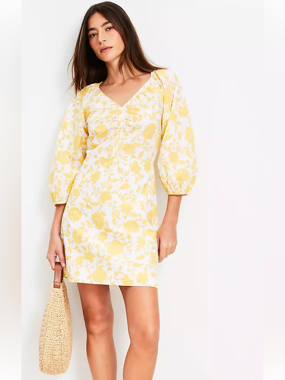 LOFT Cream Dress with Yellow Floral Print and Ruffle Front